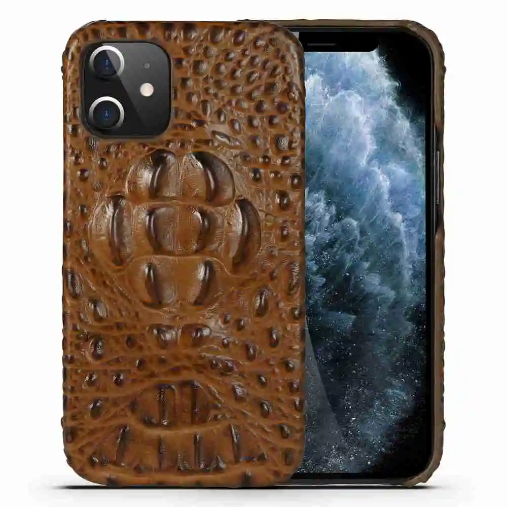 Genuine Cowhide Leather Case For iPhone 15 14 Pro Max 13 12 Crocodile Skull Grain 3D Alligator Head Pattern Back Cover Funda