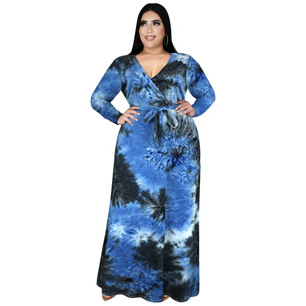 Plus Size Tie Dye Long Dress Women Winter Autumn Long Sleeve Sexy V-neck High Waist Split Bandage Casual Fashion Maxi Dress 5XL