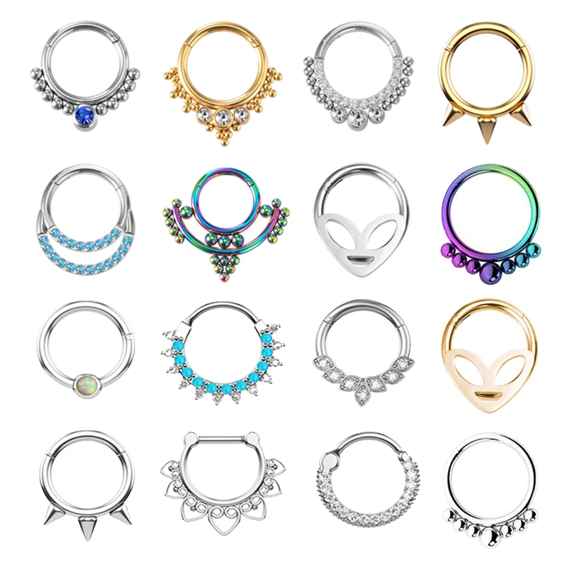 1PC Surgical Steel Nose Ring Cartilage Earring Zircon Crystal Cluster Beaded Hinged Septum Rings Clicker Septum Piercing Jewelry