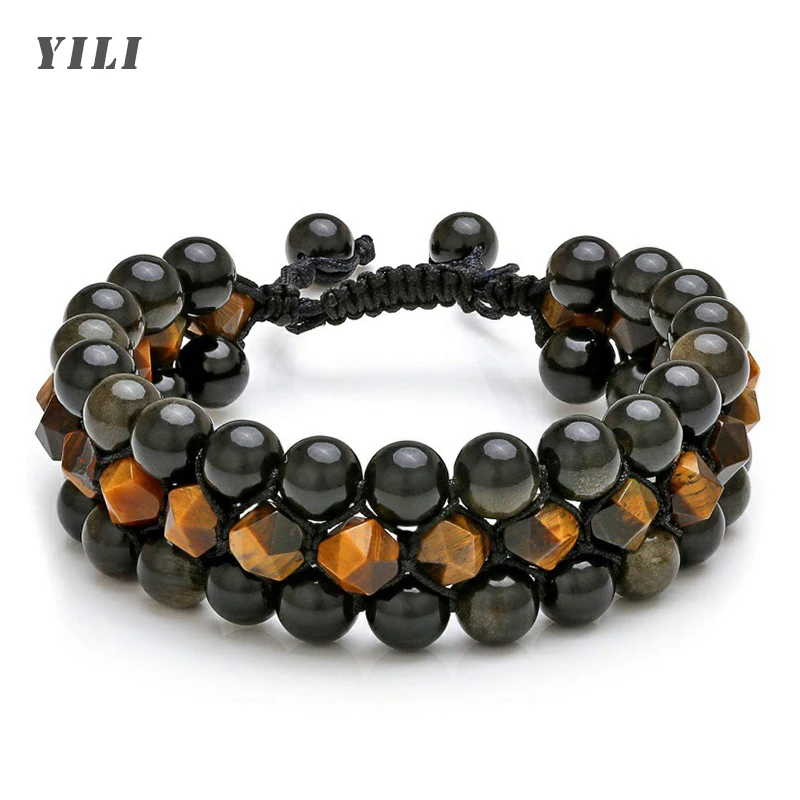 Mens 8mm Tiger Eye Stone Black Agate Bracelet Yoga Healing Crystal Bracelet Natural Beads Bracelets Braided 3 Layer Jewelry