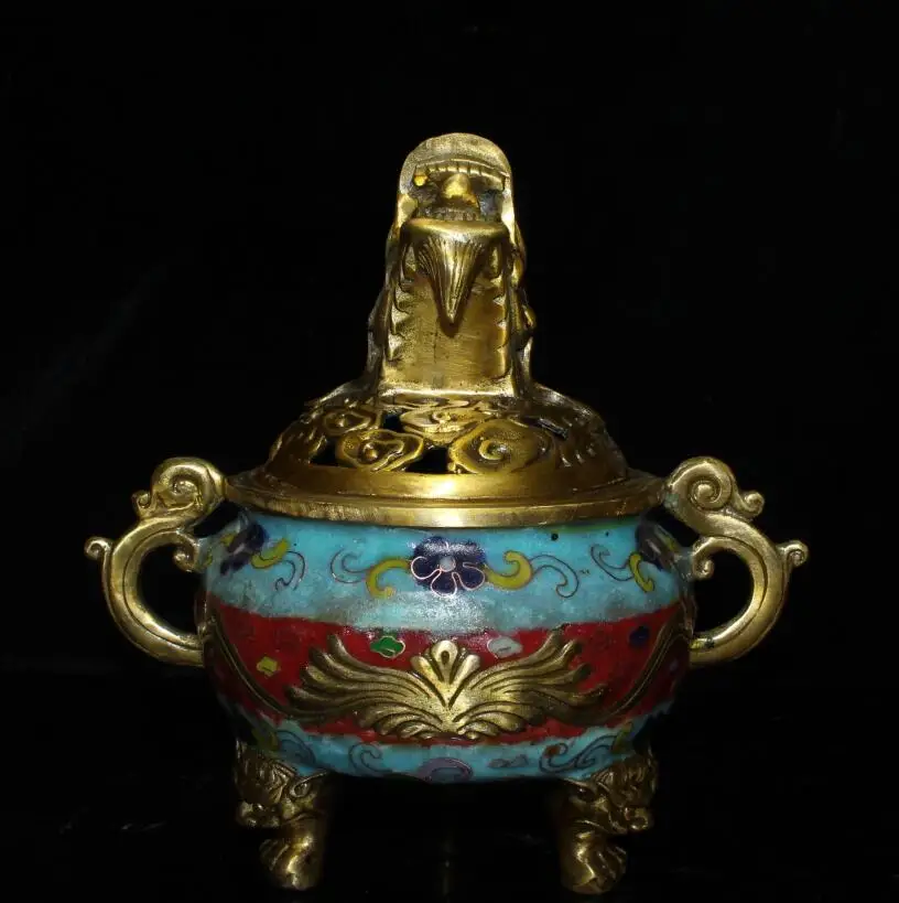 

China brass cloisonne dragon head Incense burner crafts statue