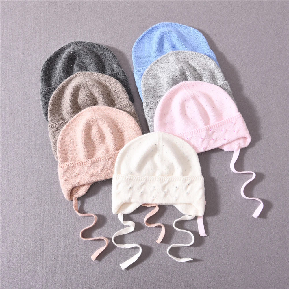 Kids Earflap Beanie Boys Girls Winter Cute Cashmere Wool Knitted Hat with Rhinestone Warm Baby Children Beanies Cap Outdoor