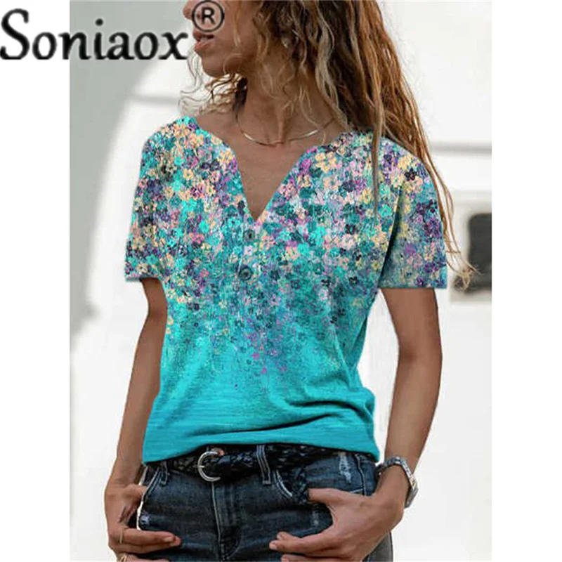 

Fashion Women V-Neck Button Floral Print T-Shirt Loose Short Sleeve Tee Summer Casual All-Match Female Streetwear Tops