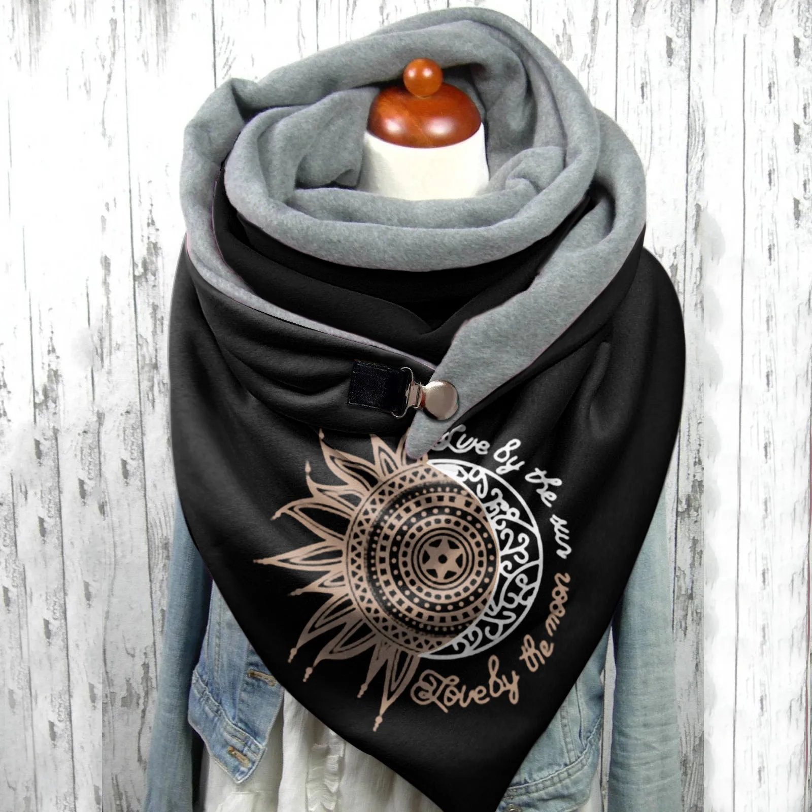 Warm Winter Scarves Goth Sun Moon Print Triangle Shawls Button Wrap Scarf for Women Warm Cashmere Pashmina Scarves Bufandas шарф