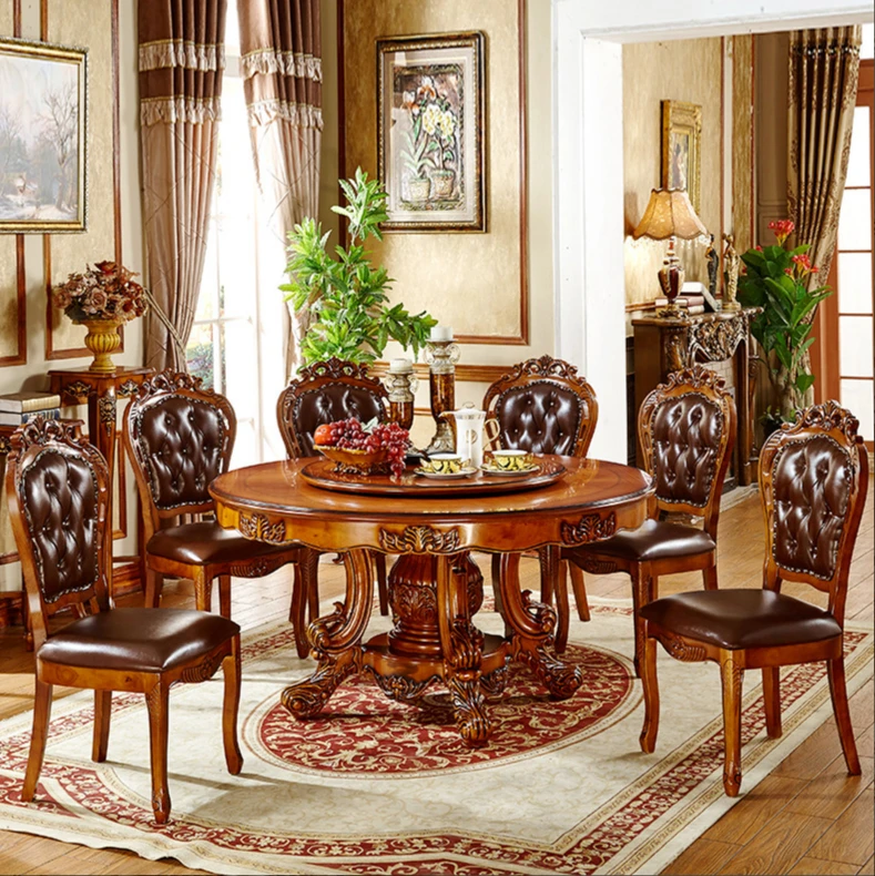 European dining table chairs combined with solid wood carved marble round table with turntable high-end luxury log round table