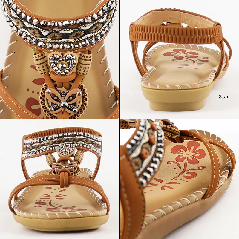 Retro ladies sandals fashion flowers stitching summer rhinestone shoes elastic band  platform  open toe outer wear