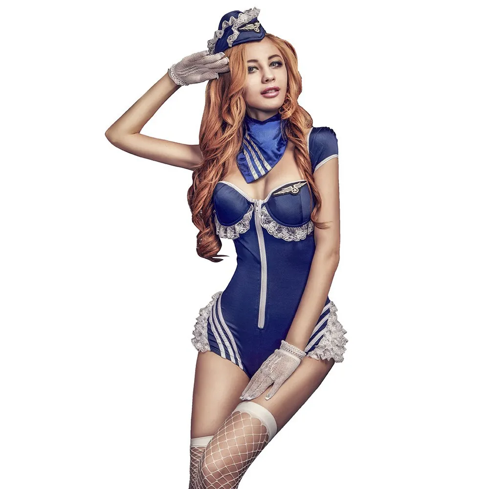 5PCS White Lace Blue Flight Service Bodysuit Uniform Cosplay Costume Airline Stewardess Sexy Lingerie With Hat Gloves Ring