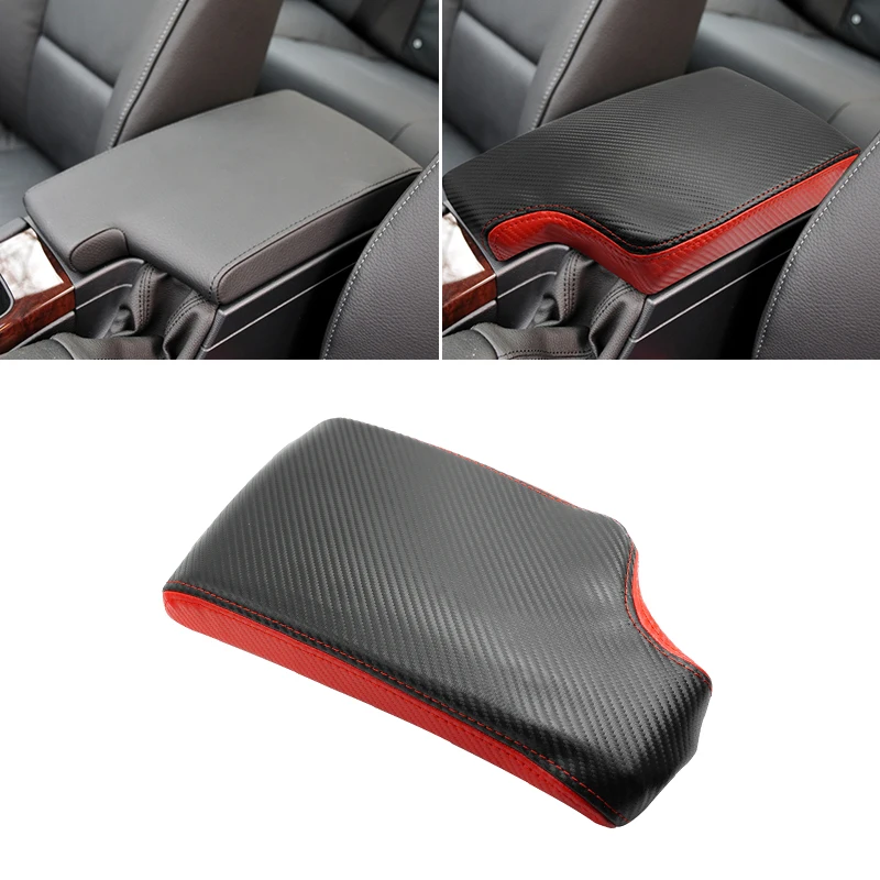 Black Red Carbon Leather Splice Armrest Cover For BMW 3 Series E90 2005 - 2012 Interior Center Control Armrest Box Cover Trim