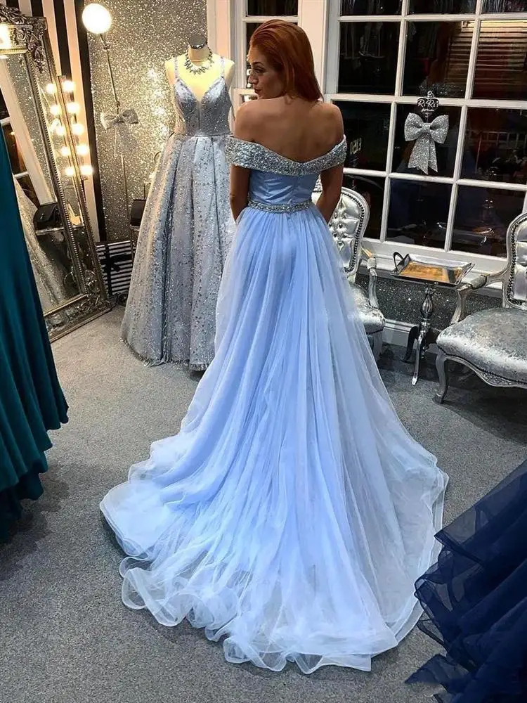 Sparkly Crystals Beads Mermaid Evening Dresses 2021 Off Shoulder Sweep Train Formal Party Prom Gowns Custom Size Robe De Mariee