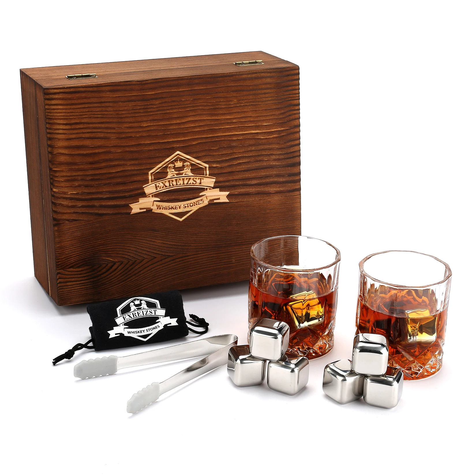 Whiskey Stones and Glasses Set, Steel Ice Cubes for Whisky, Whiski Chilling Rocks in Wooden Box, Gift for Dad, Husband, Men