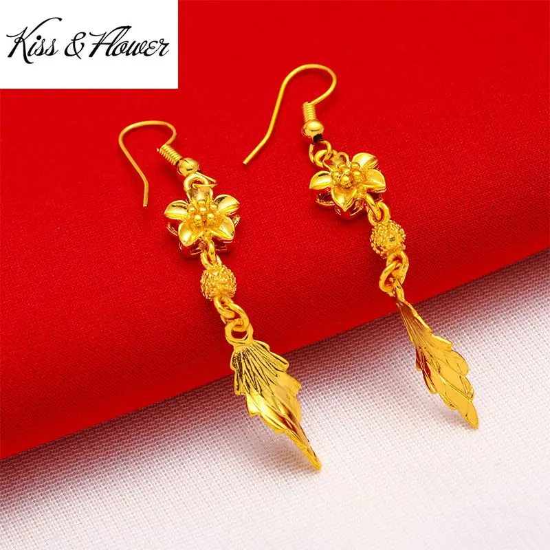 KISS&FLOWER Gold Flower Leaf Vintage Drop Earings For Woman Birthday Wedding Party Christmas Bride Mother Girlfriend Gifts ER40