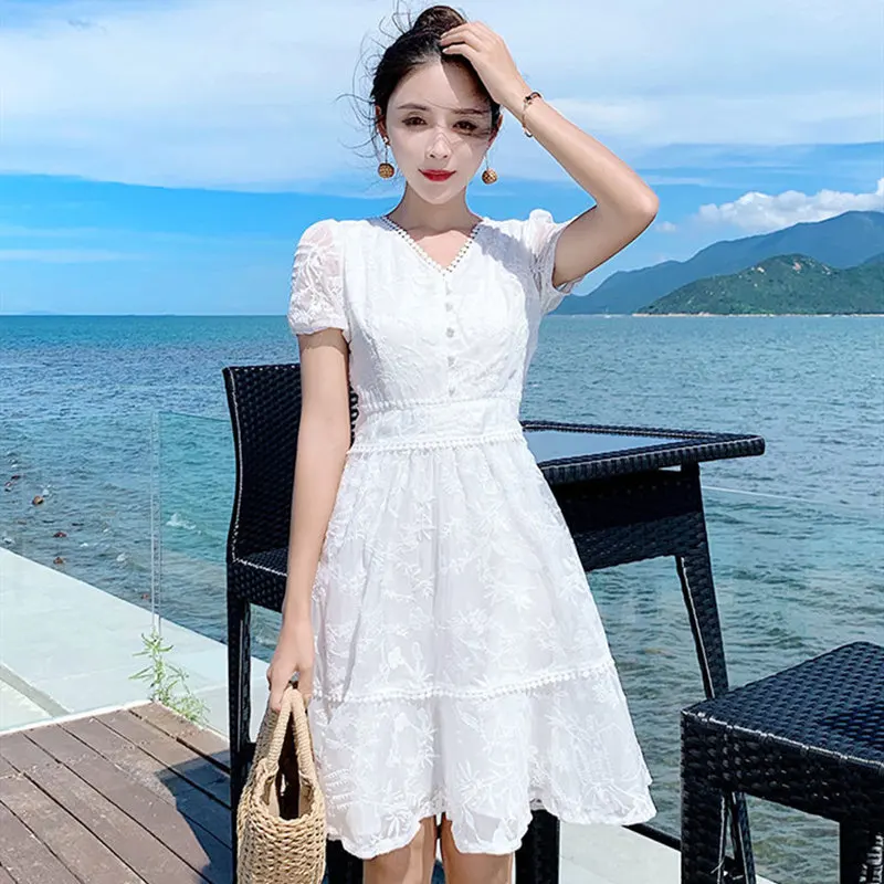 Summer Rabbit Fur Women's Dress V-Neck Short Sleeve Pullover White Solid Lace Hollow Out Korean Style Fashion Casual Dress