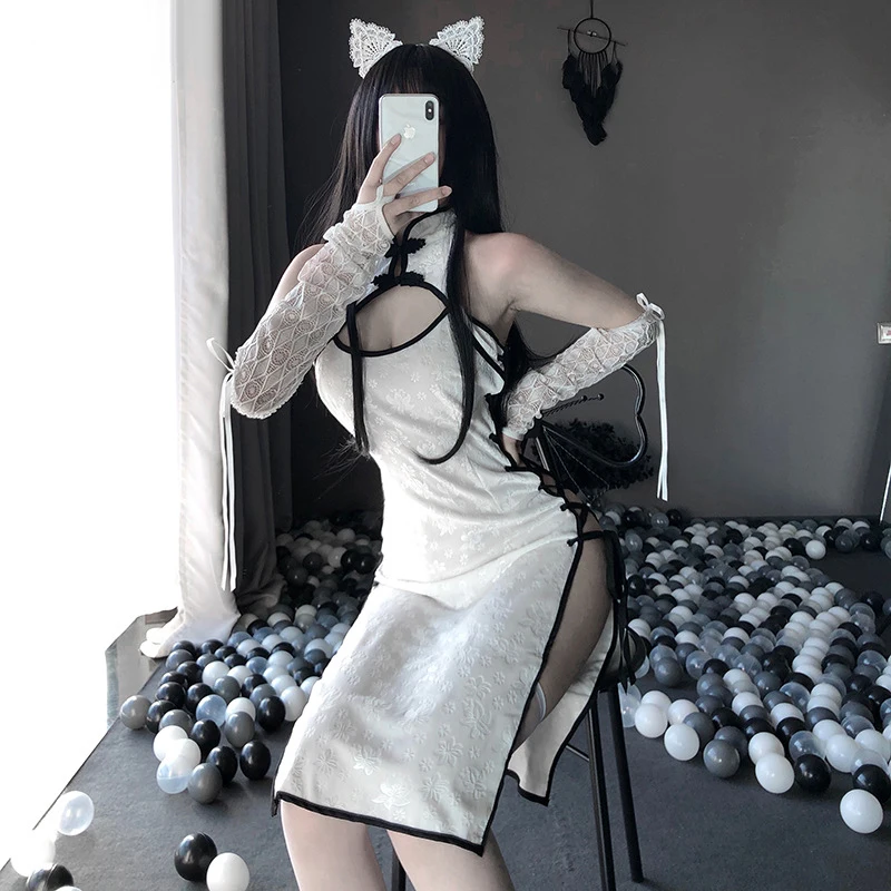 Sexy Cosplay Costume Black Cheongsam Erotic Anime Babydoll Qipao Chinese Dress Women Lace Fancy Slim Fit Open Chest Uniform