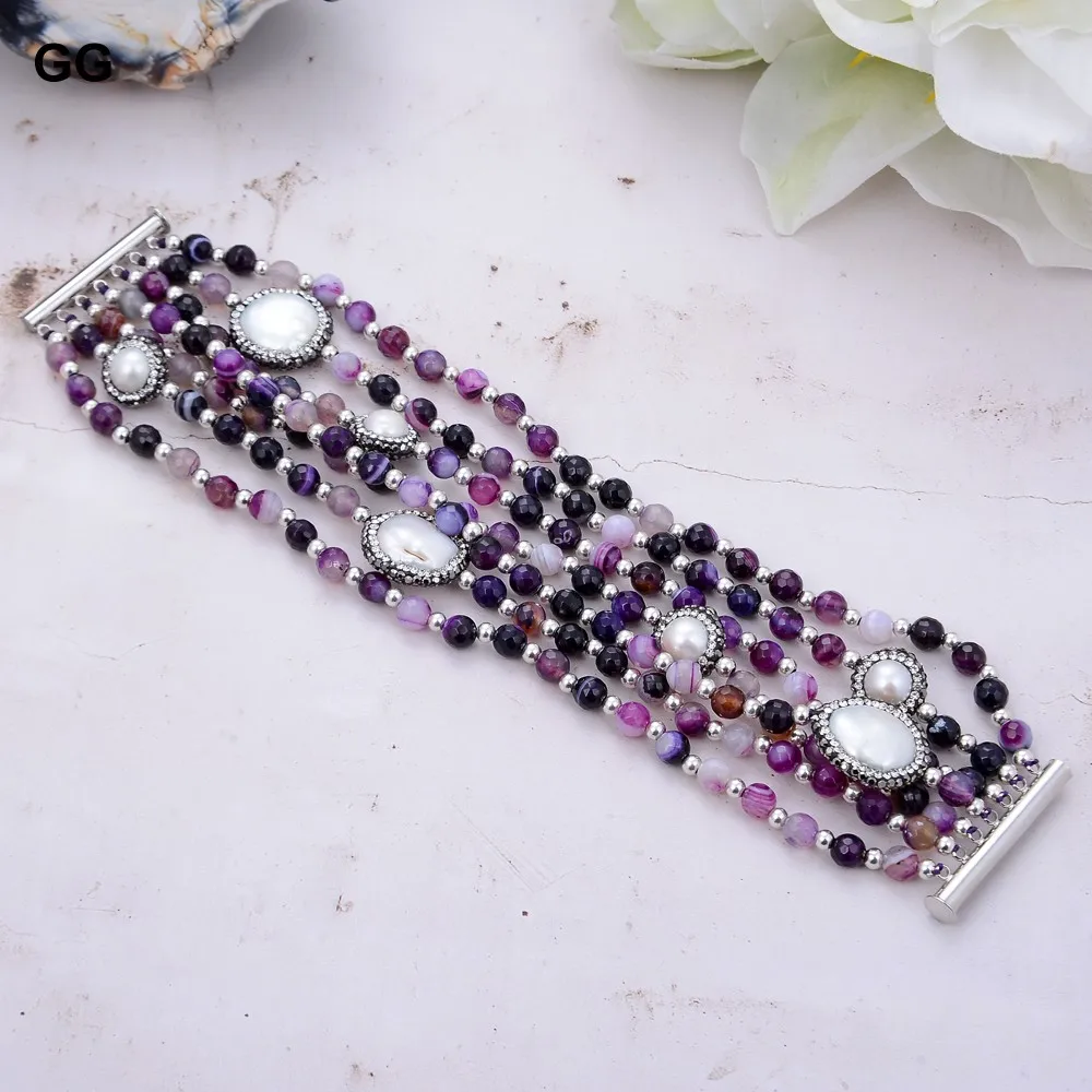

GuaiGuai Jewelry 8'' 7 Strands Pearl Purple Agate Natural White Pearl Black CZ Paved Bracelet For Women