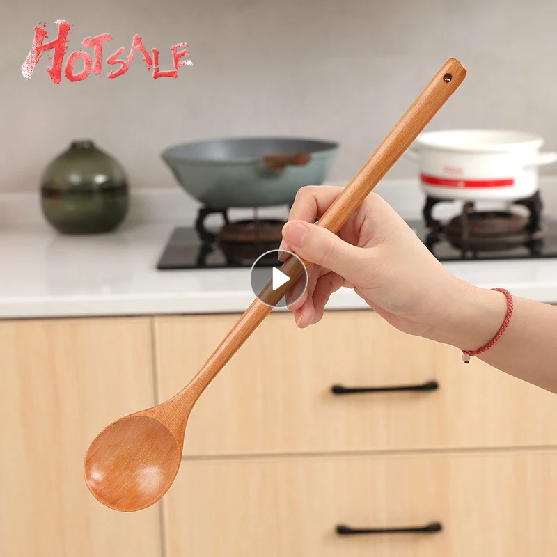 1pc Long Spoons Wooden Korean Style 10.9 Inches Natural Wood Long Handle Round Spoons For Soup Cooking Mixing Stirr Kitchen Home