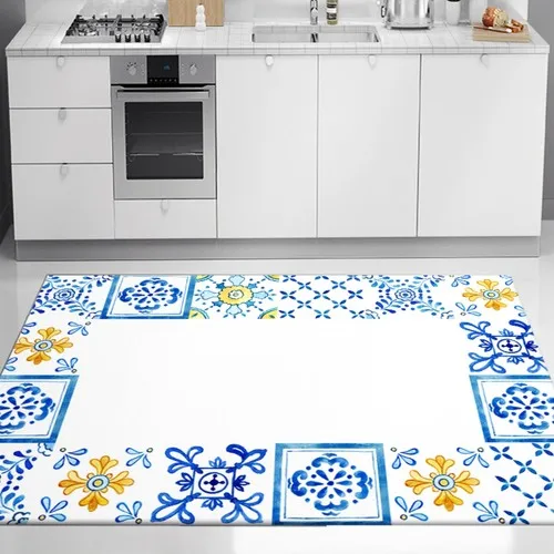 Else Carpet Yellow Blue Tiles Pattern Washable Non-Slip Base Kitchen Rug