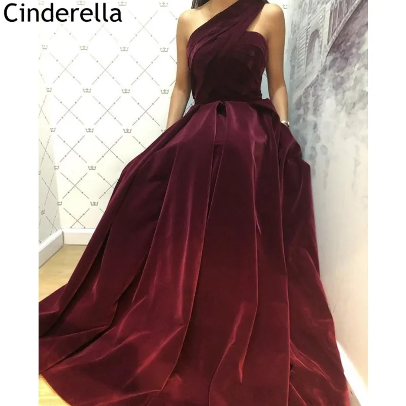 Burgundy Prom Dresses Velvet One Shoulder Sweep Train A-Line Velour Prom Dresses With Zipper Back vestidos de fiesta de noche