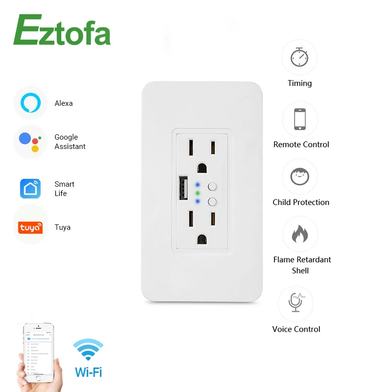 

Wifi Wall Power Electric Socket 2 USB Outlets Plug Timer Socket US Standard Smart Remote Control Work with Alexa Google Home