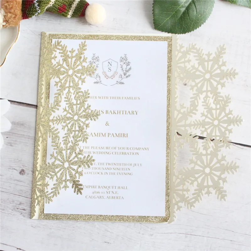 

Laser cut snowflake invitations glittery gold silver blue pink customized printing