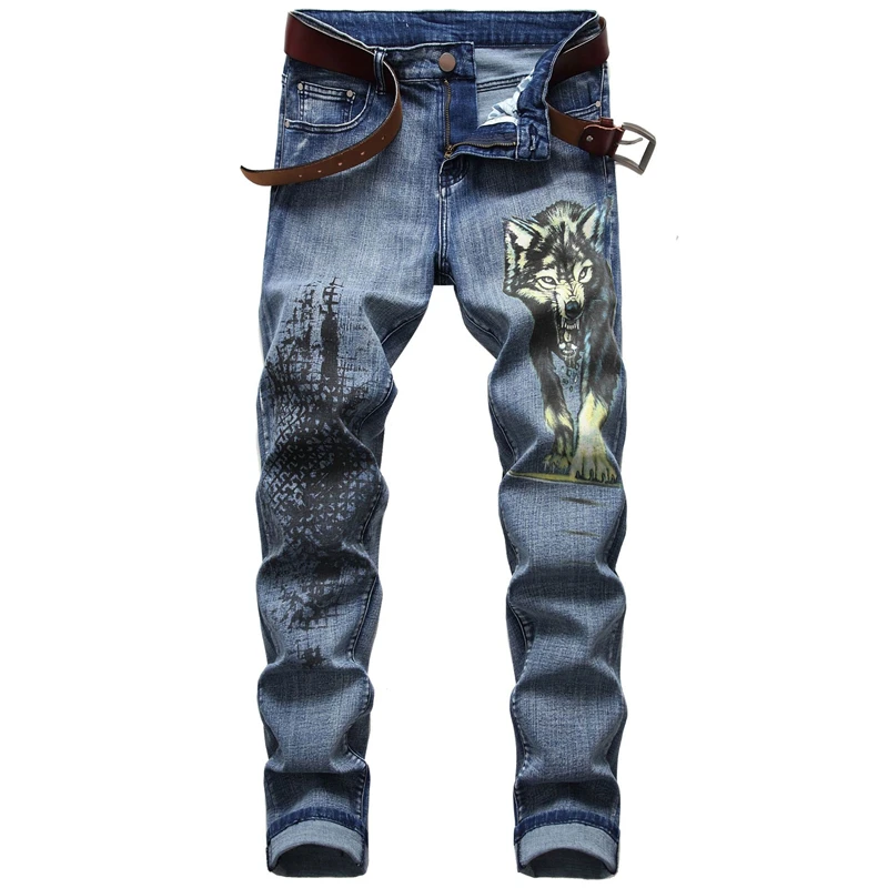 Jean en Denim pour hommes, Streetwear, coupe Slim, extensible, imprimé tête de loup, mode Hip Hop, pantalon en coton, décontracté