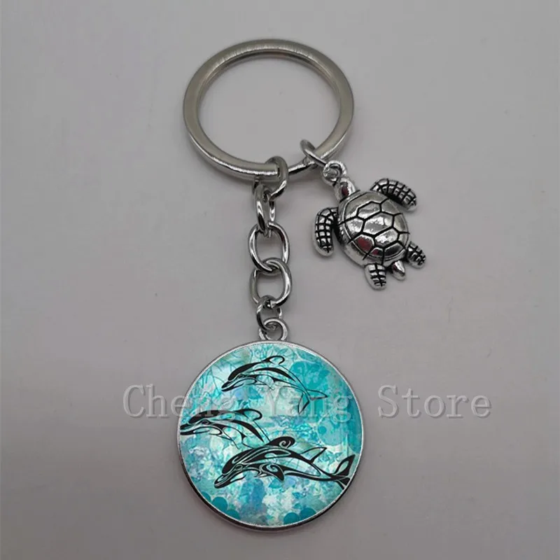 Marine life jewelry turtle dolphin shell keychain key ring glass convex round keychain charm turtle pendant Christmas gift