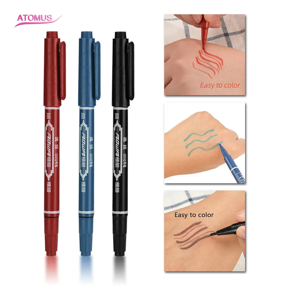 New Position Tattoo Supplies Portable Eyebrow Tattoo Marker Pen Skin Scribe Tool 3 Color Permanent Waterproof Ink Thin Nib Crude