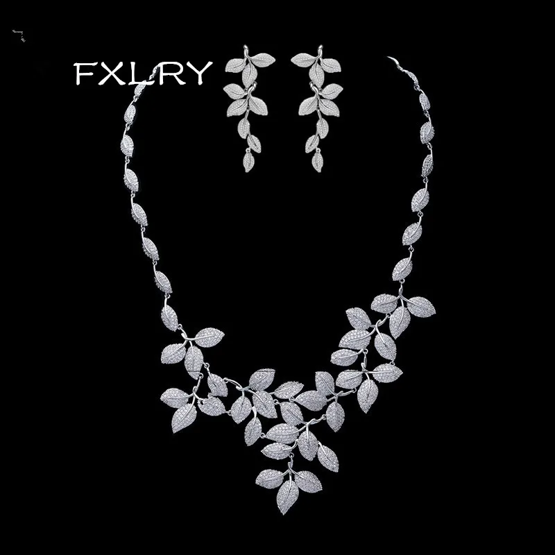 FXLRY New Design Exquisite White CZ Marquise Cubic Zirconia Geometrical Tree Leaf  Necklace & Stud Earring Bridal Jewelry