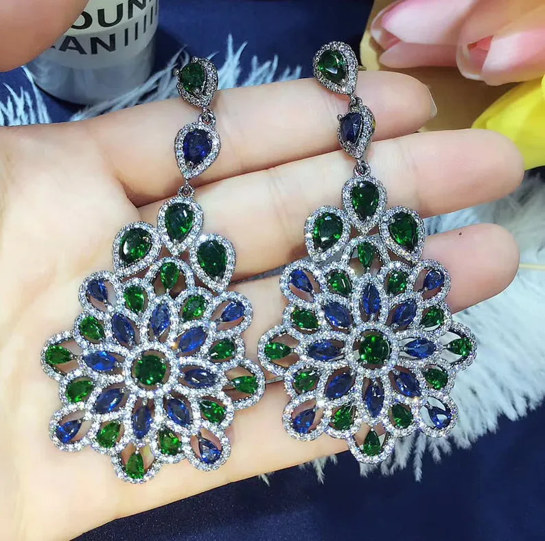 

Luxury New vintage Cubic zircon blue/green mixed color Flower big dangle Earrings Vintage brincos Black oorbellen party jewelry