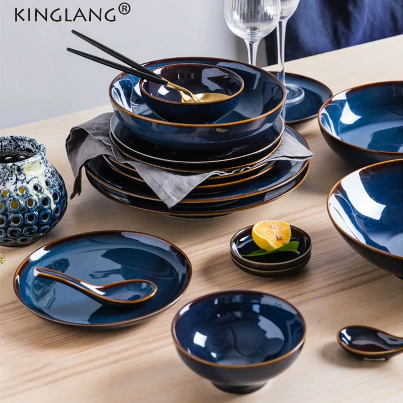 1pcs  Deep Blue Color Ceramic Tableware European Retro Glazed Dinnerware Pottery Porcelain Dish Plate Household Rice Dish