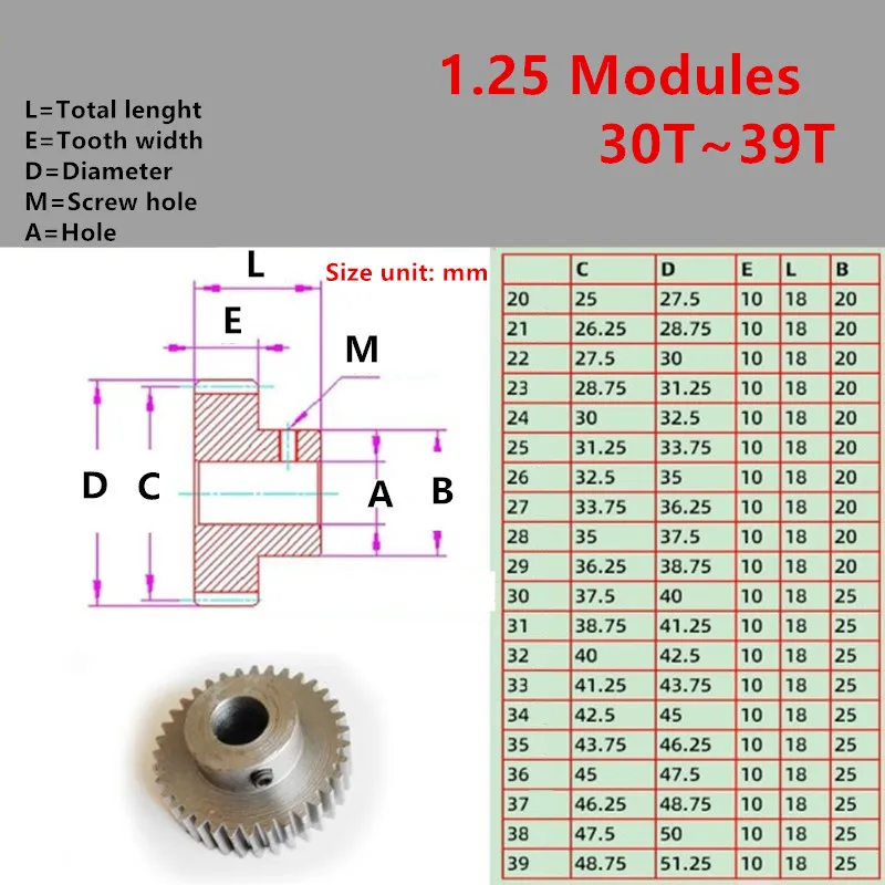 Carbon Steel 1.25 Modules 30-39 Tooth Hole 4/5/6/6.35/7/8/9/10/11/12mm