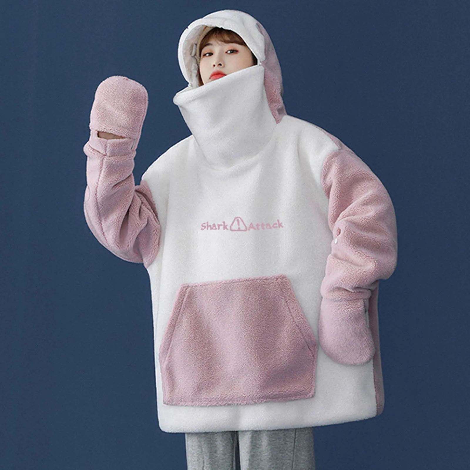 Sudadera con capucha de tiburón estético Harajuku para mujer, suéter de Anime de gran tamaño, sudadera a juego con bolsillos bonitos, sudaderas