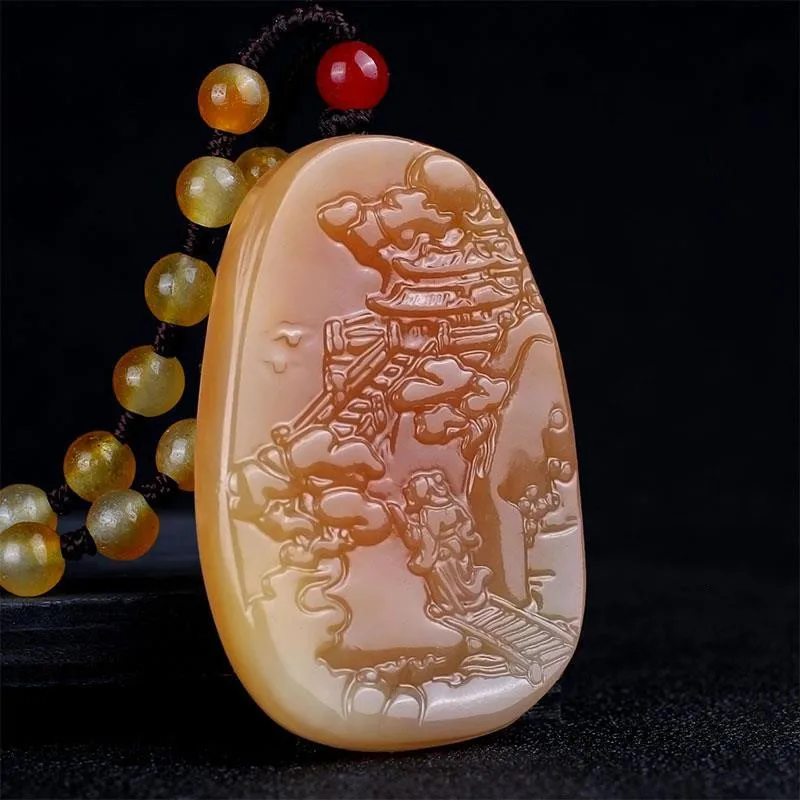 China Sheung Shui Landscape Natural Yellow Dragon Jade Carved Pendant Exquisite Noble Jewelry Quality Accessories Gifts