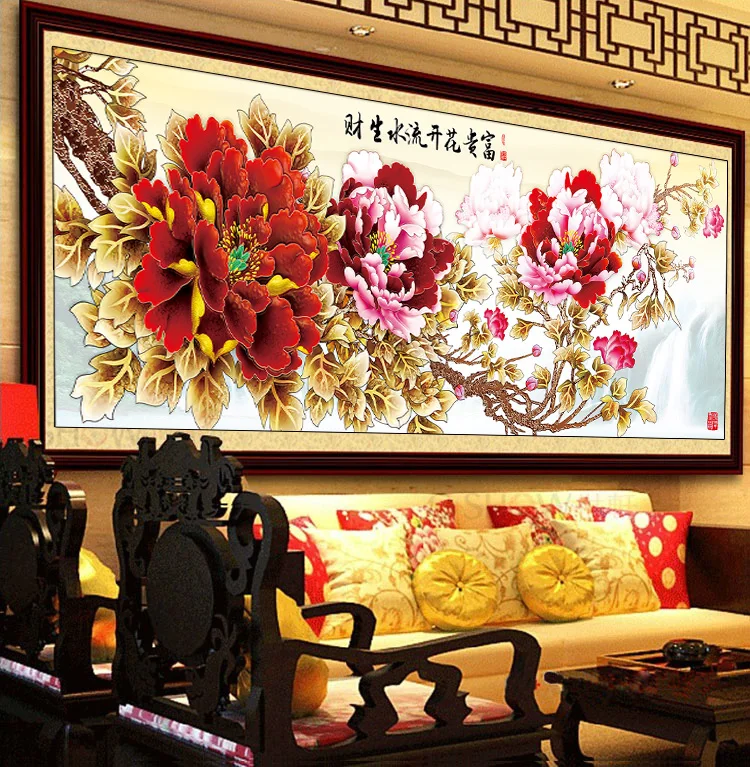 

Needlework,DIY Big Cross Stitch set for Full Embroidery Kit,Luxury Gold Red Rose Peony Flower Printed Pattern Wedding Wall Decor