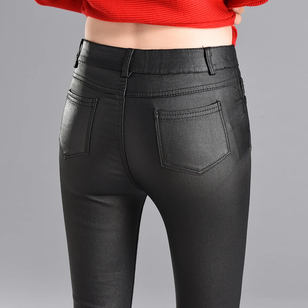 Pantalones Capris de piel sintética para mujer, Leggings elásticos de cintura alta, ajustados, color negro, invierno, 2019