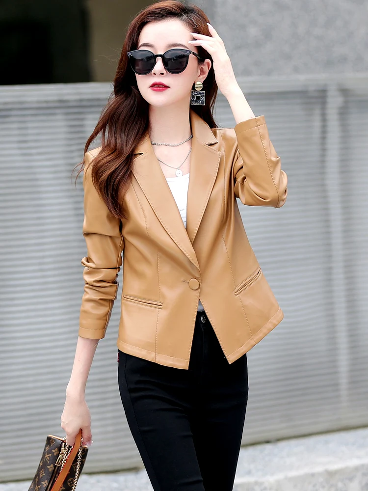 2023 Spring New Ladies Faux Leather Blazers Women Sheepskin Jacket Female Slim Suit Collar Coat Brand New Lady Jackets Outerwear