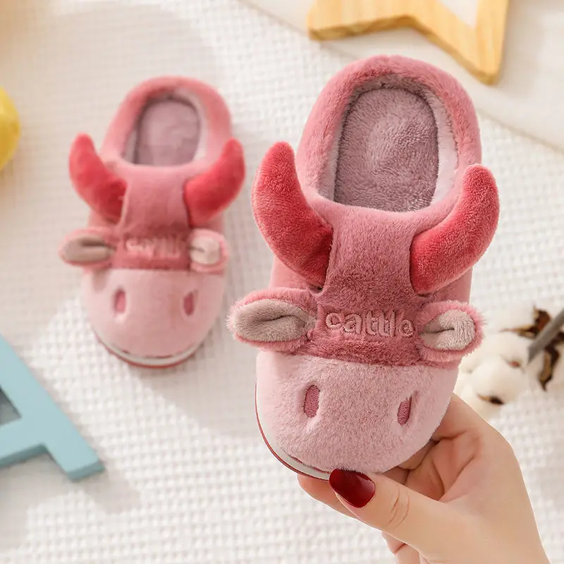 Leuke Hoorns Kinderen Katoen Slippers Herfst En Winter Cartoon Bont Slippers Baby Interieur Jongens En Meisjes Harige Slippers