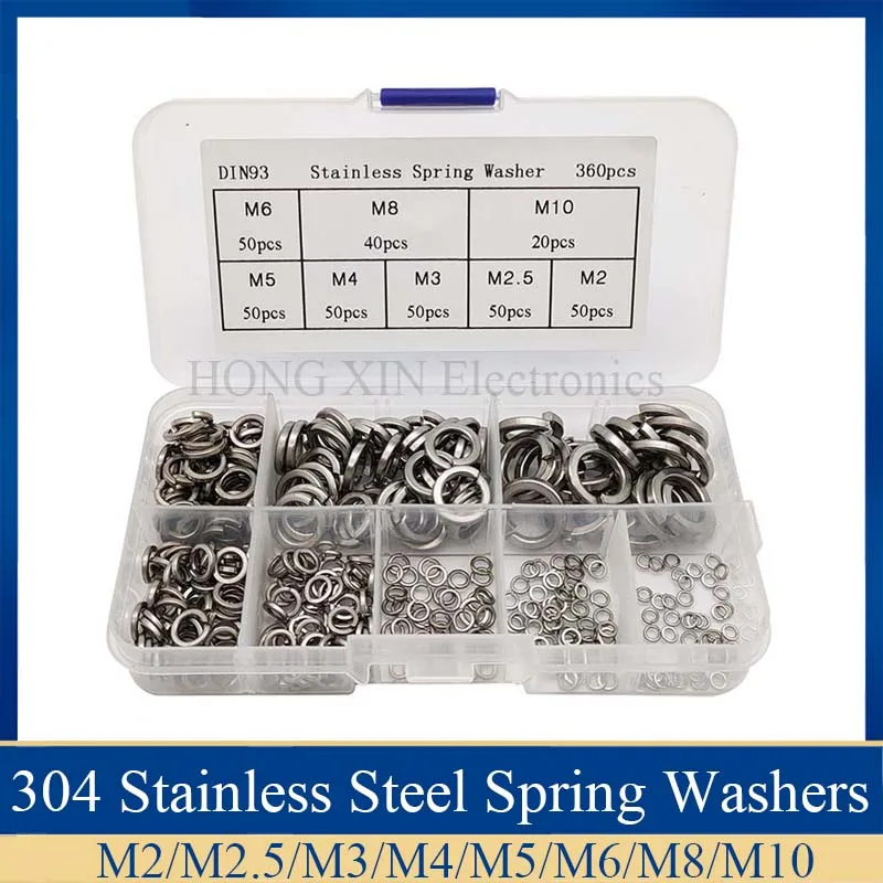 

360pcs/set Stainless Steel Spring Washer Assortment Kit M2/M2.5/M3/M4/M5/M6/M8/M10 For Handware Tools Accessories