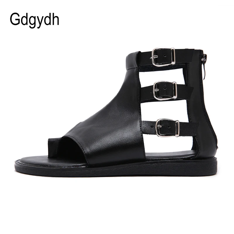 Gdgydh Retro Vintage Flat Sandals Summer Women Japanese Style Fashion Buckle Summer Shoes Open Toe Back Zipper Black Leather