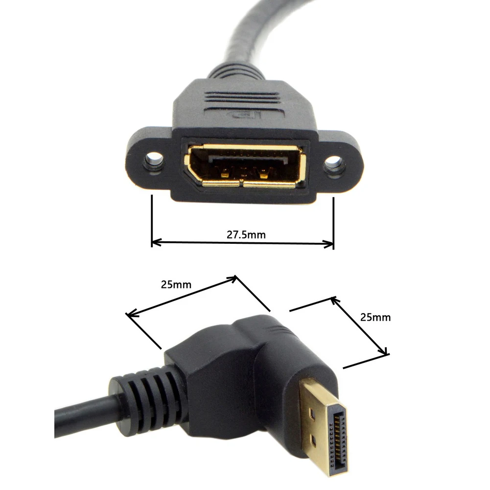 90 Degree Angle Elbow DisplayPort Panel Mount Extension Cable Adapter Corner DP 1.2v Male to Female Cord Socket Screw 2k@144Hz