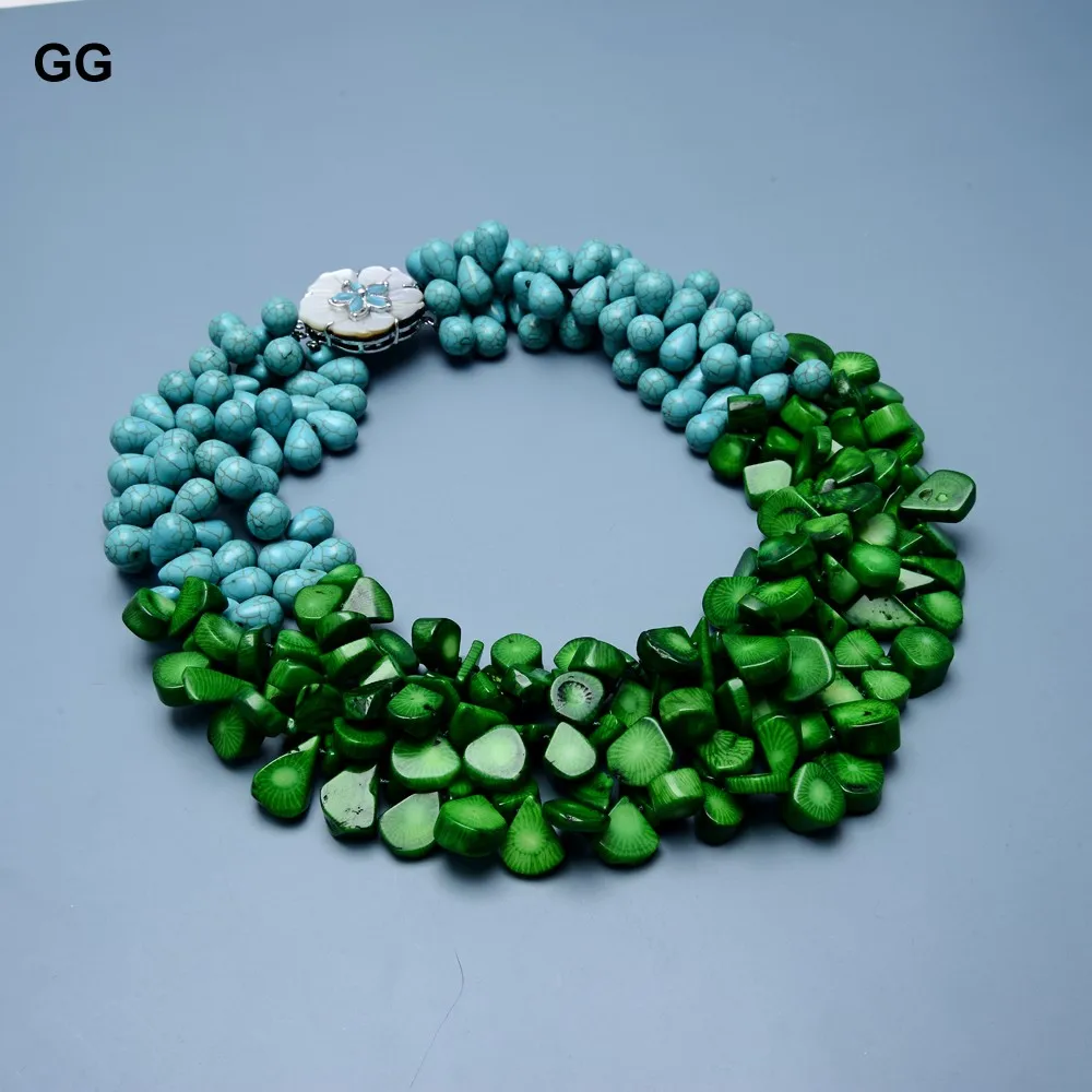 GuaiGuai Jewelry 3 Rows Green Coral Blue Teardrop Turquoise Real Gems Necklace Shell Flower Clasp Handmade For Women