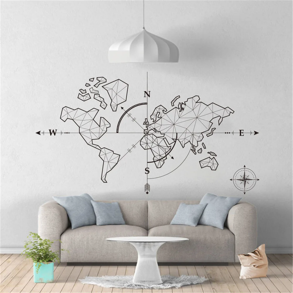 

Large World Map Compass Earth Wall Sticker Office Classroom World Map Global Exploration Adventure Wall Decal Vinyl Decor