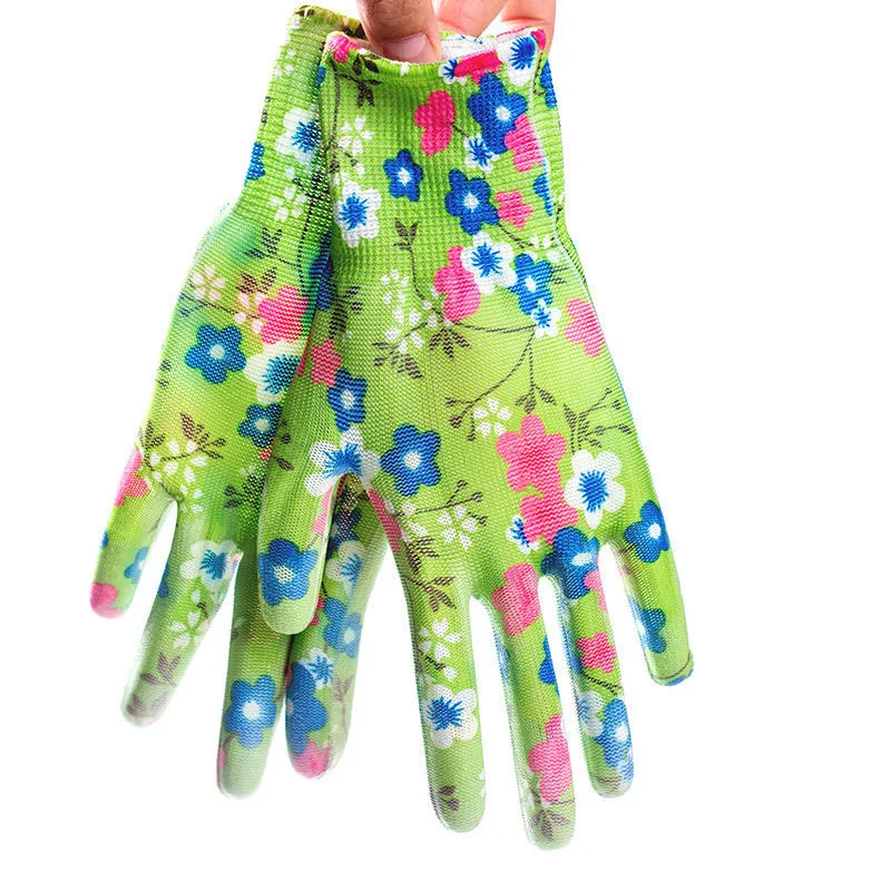 Women Gloves Non-Slip Housework Cleaning Breathable Gardening Flower Printed  PU  Palm Coated Household Full Finger