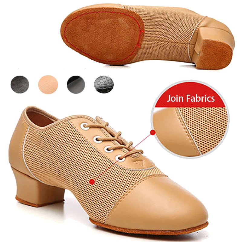 Women Professional Leather Ballroom Latin Dance Shoe Teacher Nude Tan Black Mesh Jazz Sneaker Closed Toe Salsa Dance Shoes