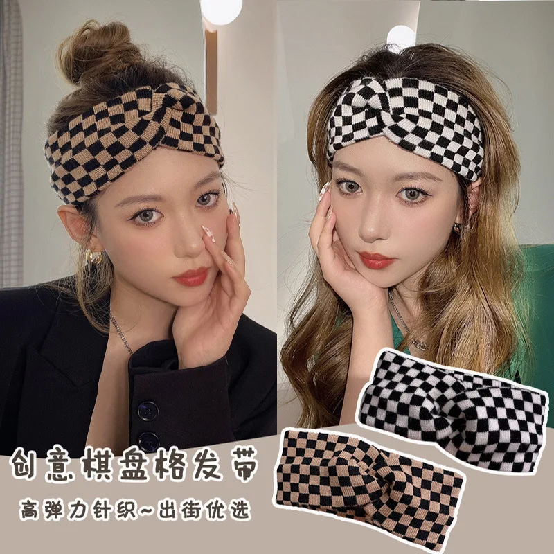 Net Red Matchable Checkerboard Checkerboard Headband Women Daily Wear Tied Hair Headband Simple 2021 New Wash Headwear