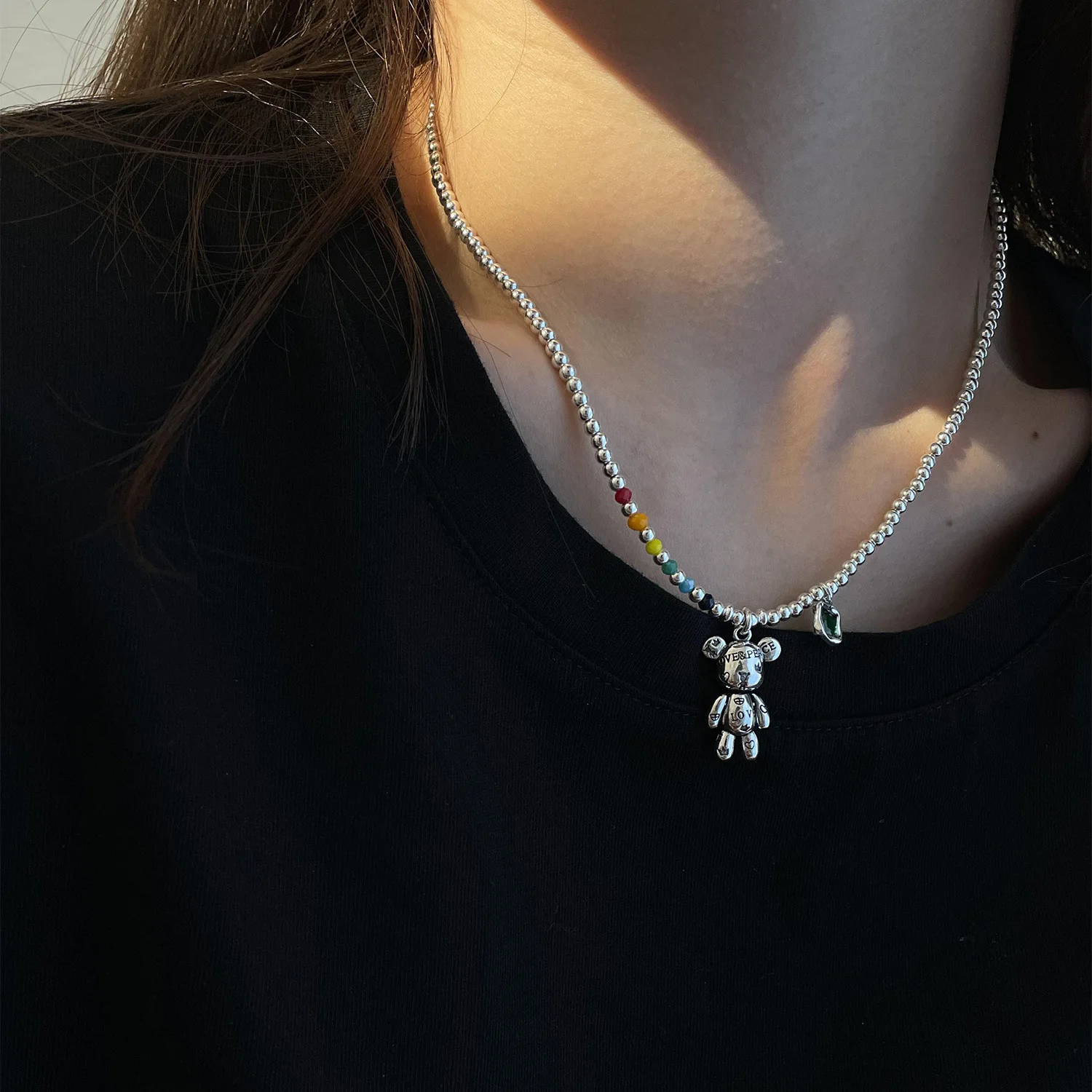 Sweet Little Bear Animal Colorful Rainbow Bead Chain Thai Silver Ladies Jewelry Set Necklace Bracelet Birthday Gifts