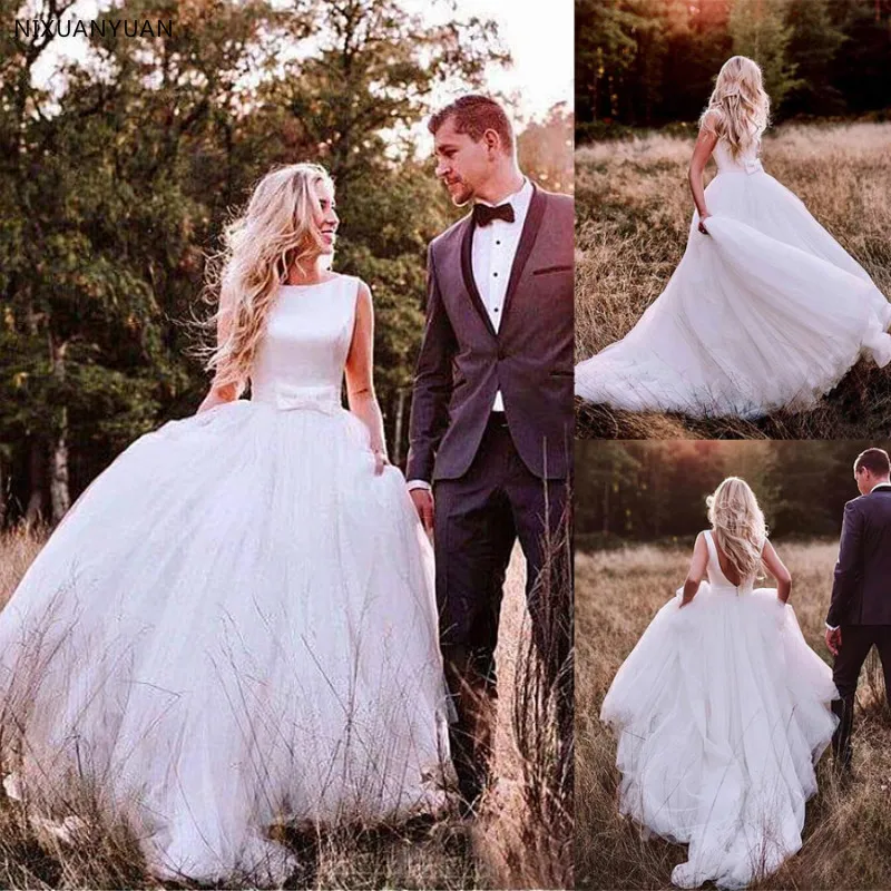 

Elegant Tulle & Satin Bateau Neckline V-cut Back A-line Wedding Dresses With Bowknot Outside Bridal Dress