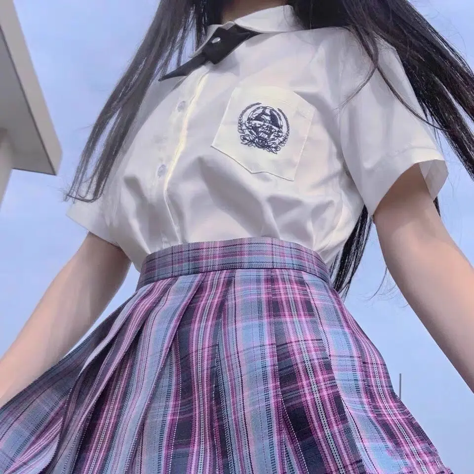 Japanse Jk Uniform Tweedelige Set Vrouwen Witte Lange Mouwen + Plaid Mini Rok Preppy Stijl Hoge Taille Rokken 2 Delige Set