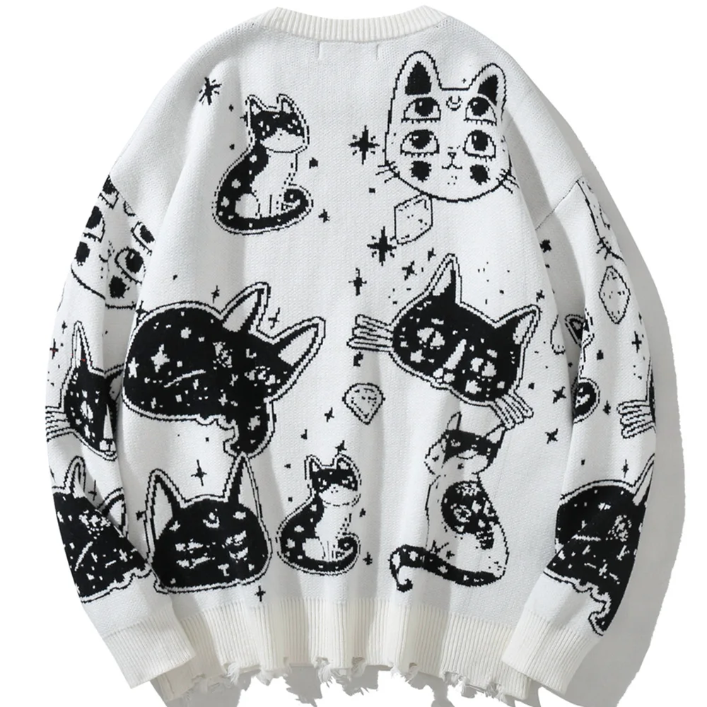 Aolamegs suéteres masculinos japoneses retrô fofos de gato o-pescoço jumpers estilo universitário avançado moda tops de malha soltos casuais