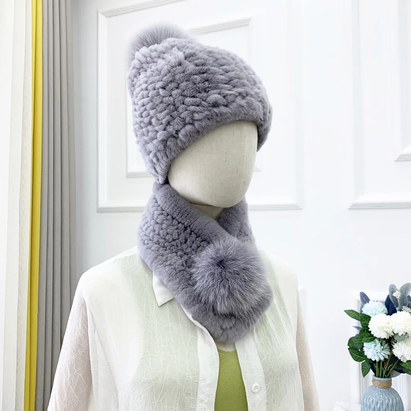 New Lady Knitted Real Rex Rabbit Fur Scarf Hat Women Winter Fluffy Warm Caps with Ball Pompom