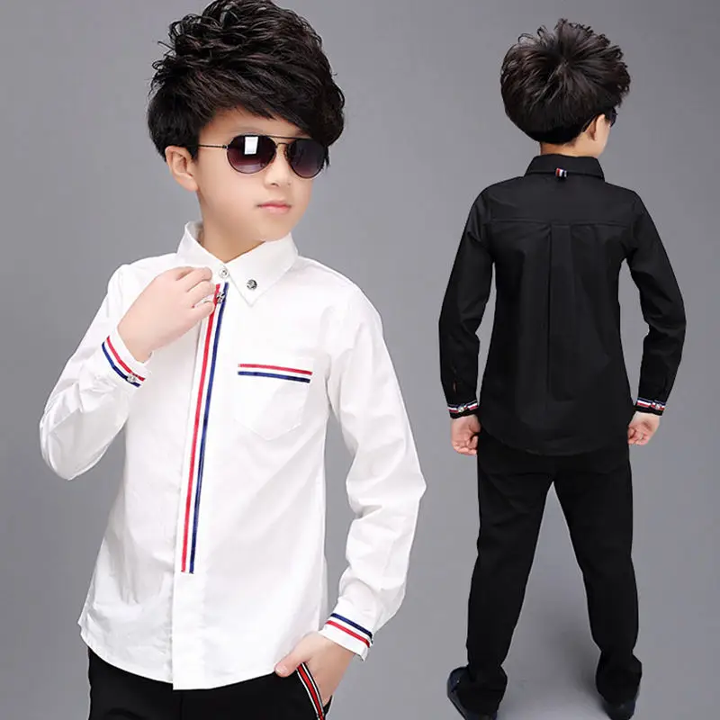 Teenage Boys Shirts Spring Cotton Long Sleeve Solid Shirt Kids White&Black Tops Teen School Bow Clothes 6 10 13 16 boy clothes